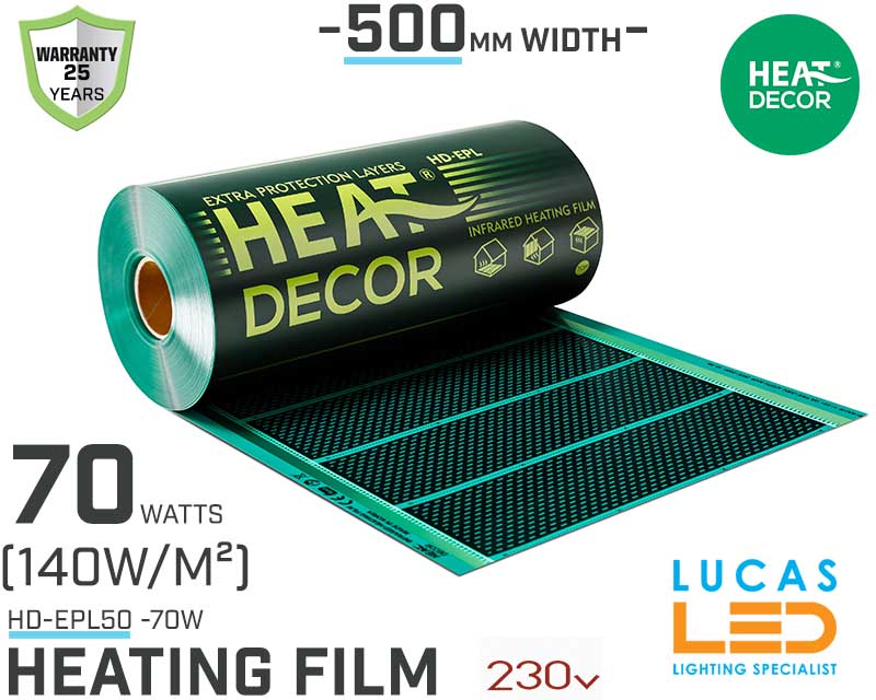 Heating film EPL • 70 w/lm • 500mm  WIDTH • Heat mat • HD-EPL50 • 25y Warranty • (140w/m²) • Heat Decor •