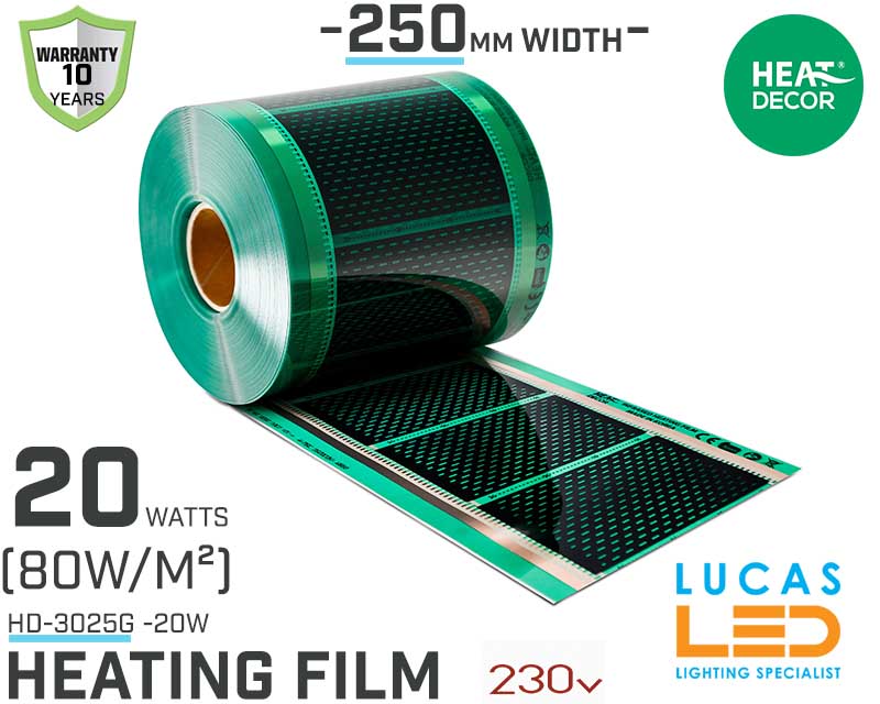 Heating film HD G • 20 w/lm • 250mm  WIDTH • Heat mat • HD-3025G • 10y Warranty • (80w/m²) • Heat Decor •