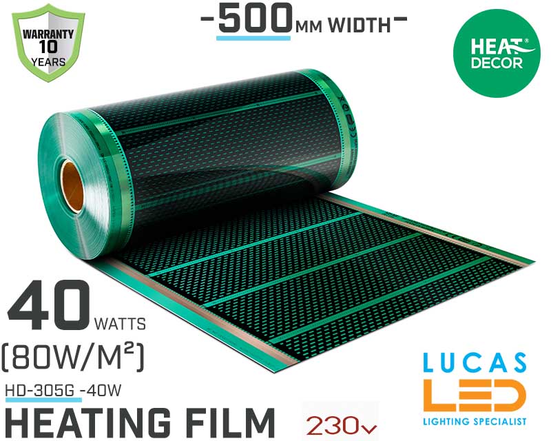 Heating film HD G • 40 w/lm • 500mm  WIDTH • Heat mat • HD-305G • 10y Warranty • (80w/m²) • Heat Decor •