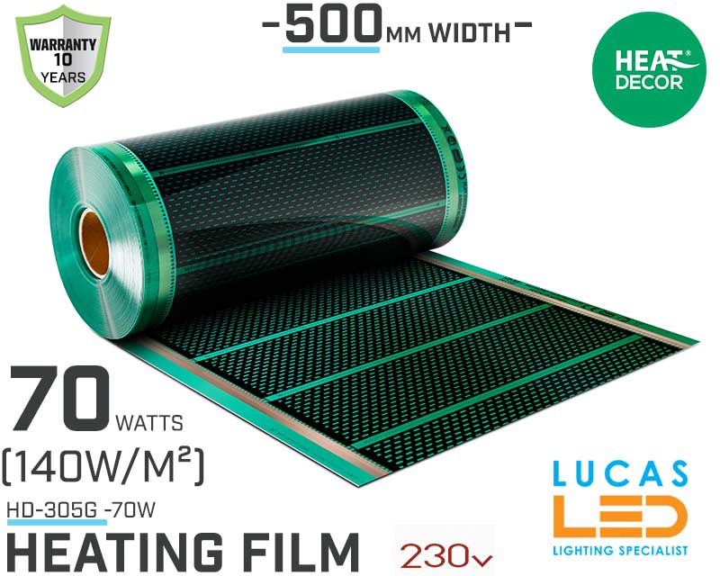 Heating film HD G • 70 w/lm • 500mm  WIDTH • Heat mat • HD-305G • 10y Warranty • (140w/m²) • Heat Decor •