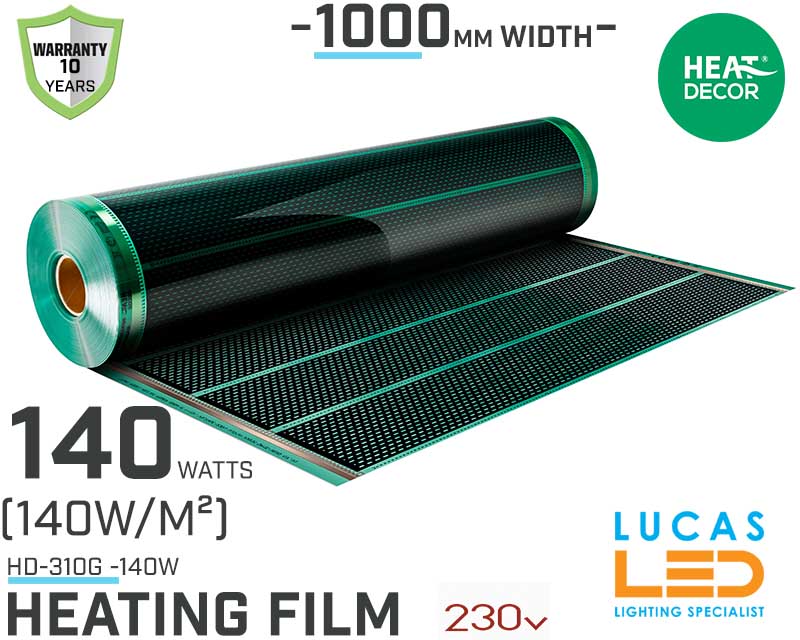 Heating film HD G • 140 w/lm • 1000mm  WIDTH • Heat mat • HD-310G • 10y Warranty • (140w/m²) • Heat Decor •