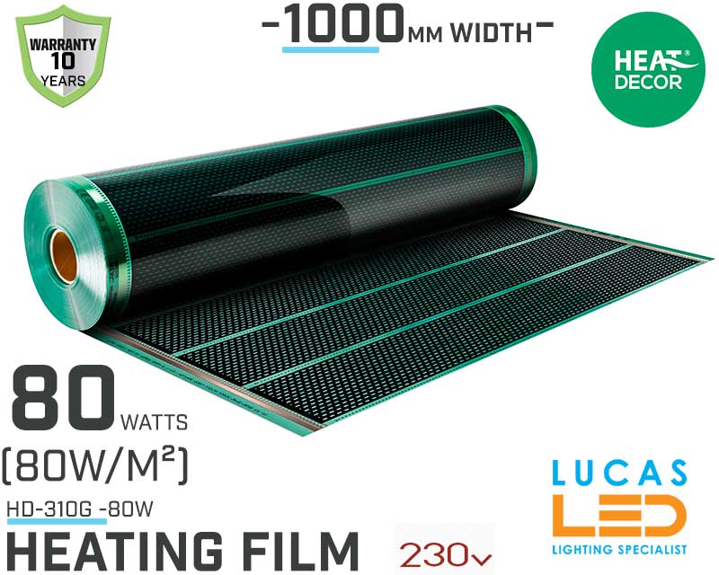 Heating film HD G • 80 w/lm • 1000mm  WIDTH • Heat mat • HD-310G • 10y Warranty • (80w/m²) • Heat Decor •