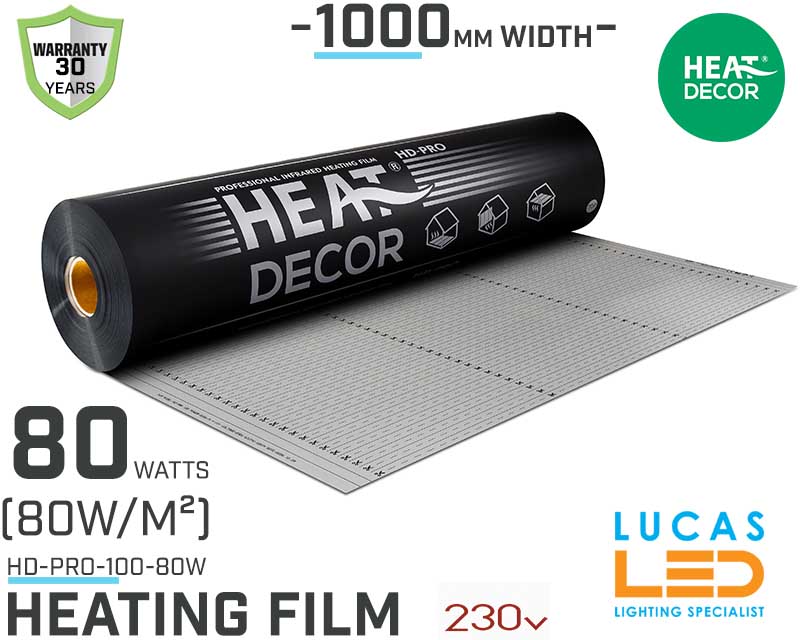 Heating film HD PRO • 80 w/lm • 1000mm  WIDTH • Heat mat • HD-PRO-100 • 30y Warranty • (80w/m²) • Heat Decor •
