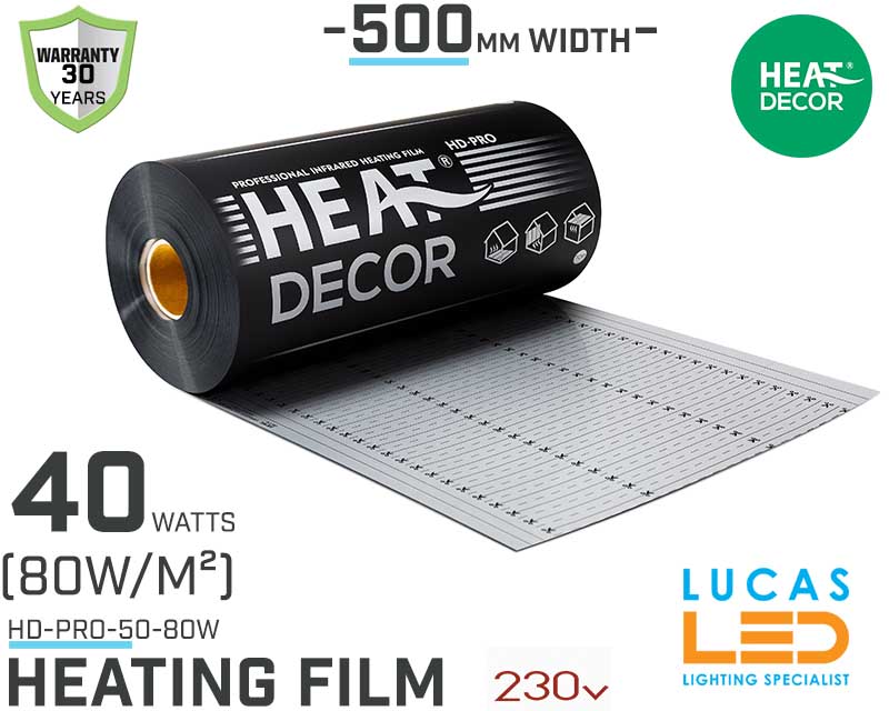 Heating film HD PRO • 40 w/lm • 500mm  WIDTH • Heat mat • HD-PRO-50 • 30y Warranty • (80w/m²) • Heat Decor •