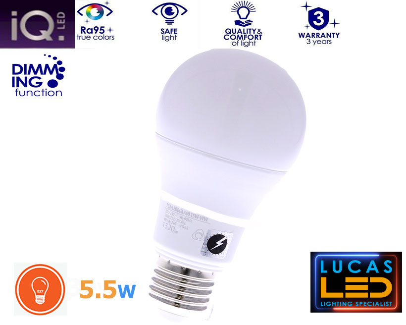  Dimmable E27 LED bulb Light - 5.5W - 6500K - 510lm - beam angle 240°- A60 - New IQ Technology