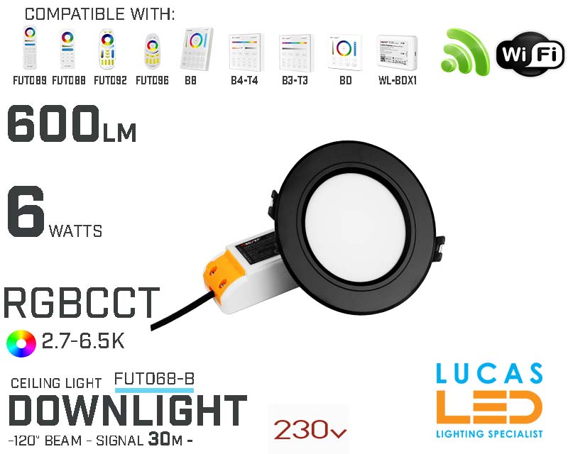 LED Downlight • RGB+CCT • 6W • 550LM • wifi • 2.4G • Compatible • Smart Lighting System • MultiZone • Wireless • MiBoxer • FUT068-B • 230V