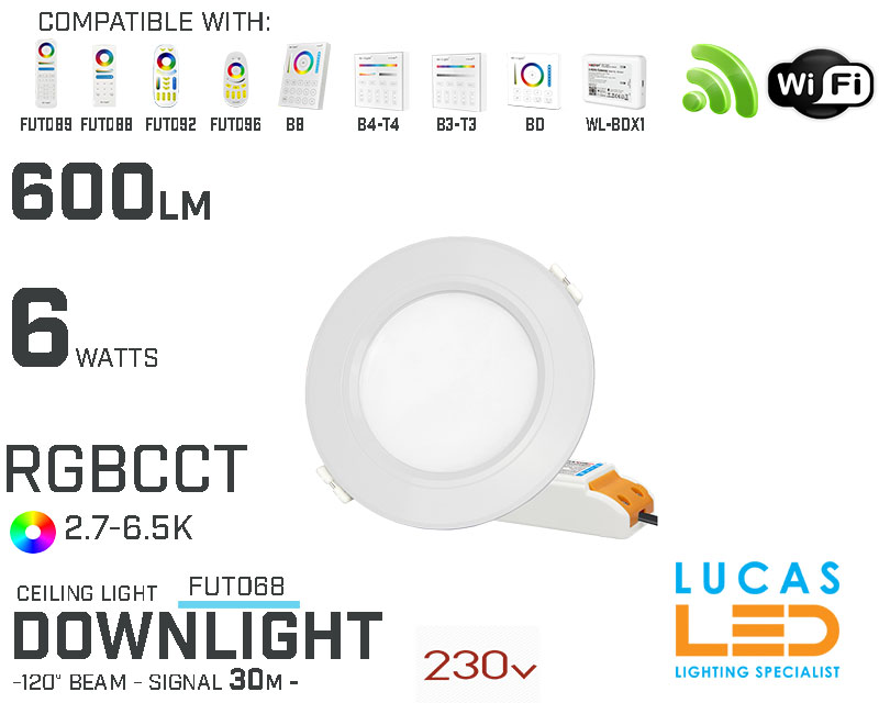 LED Downlight • RGB CCT• 6W • 550LM • WiFi • 2.4G • Compatible • Smart • Lighting • System • MultiZone • Wireless • MiBoxer • FUT068 • 230V
