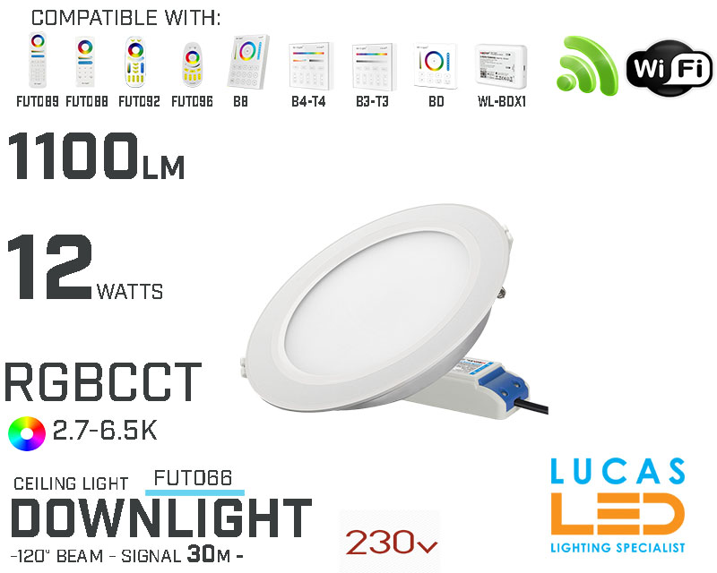 LED Downlight •RGB CCT• 12w • 1100lm • wifi • 2.4G • Compatible • Smart • Lighting • System • MultiZone • Wireless • MiBoxer • FUT066 • 230V•