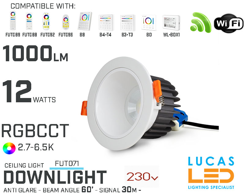 LED Downlight Anti Glare •RGB CCT• 12w • 1000lm • wifi • 2.4G • Compatible • Smart • Lighting • System • MultiZone • Wireless • MiBoxer • FUT071 • 230V•