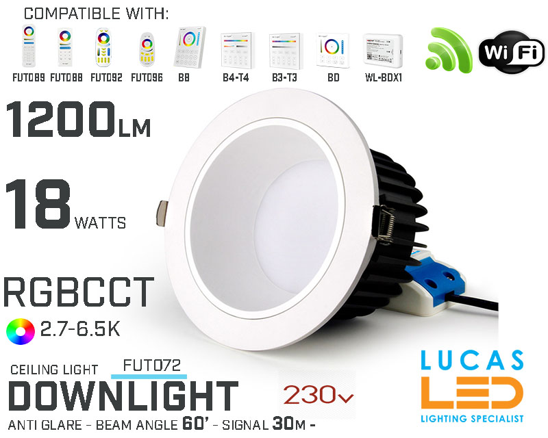 LED Downlight Anti Glare •RGB CCT• 18w • 1200lm • wifi • 2.4G • Compatible • Smart • Lighting • System • MultiZone • Wireless • MiBoxer • FUT072 • 230V•
