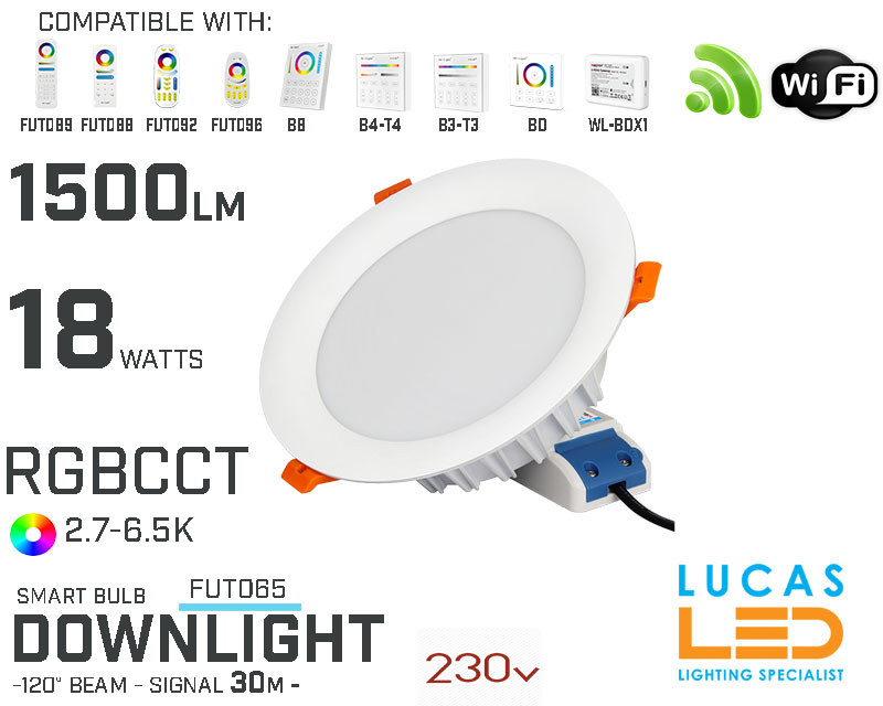 LED Downlight •RGB CCT• 18w • 1500lm • wifi • 2.4G • Compatible • Smart • Lighting • System • MultiZone • Wireless • MiBoxer • FUT065 • 230V•