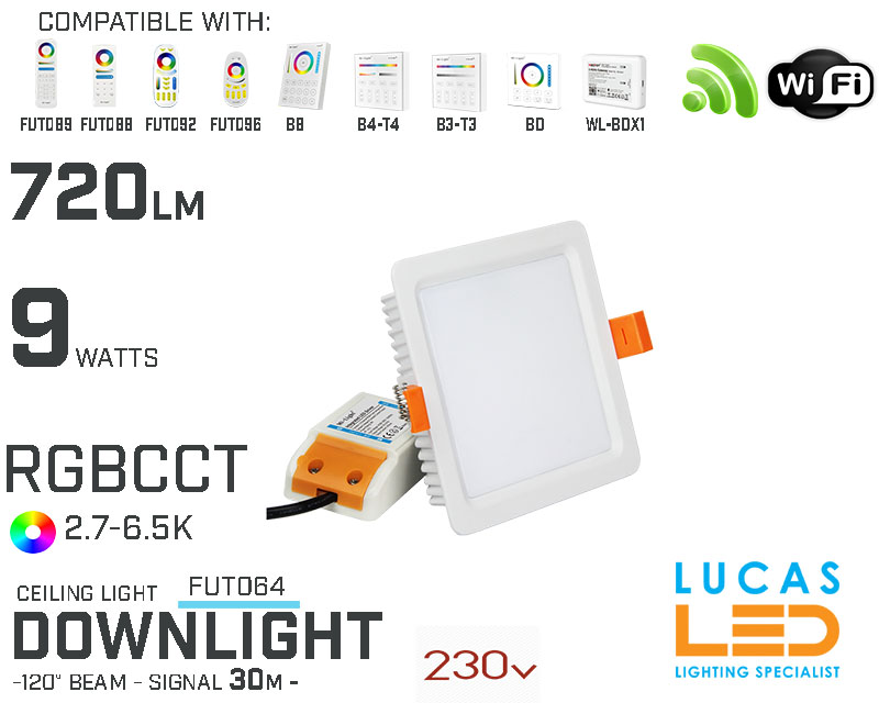 LED Downlight •RGB+CCT• 9w SQ • 720lm • wifi • 2.4G • Compatible • Smart • Lighting • System • MultiZone • Wireless • MiBoxer • FUT064 • 230V•