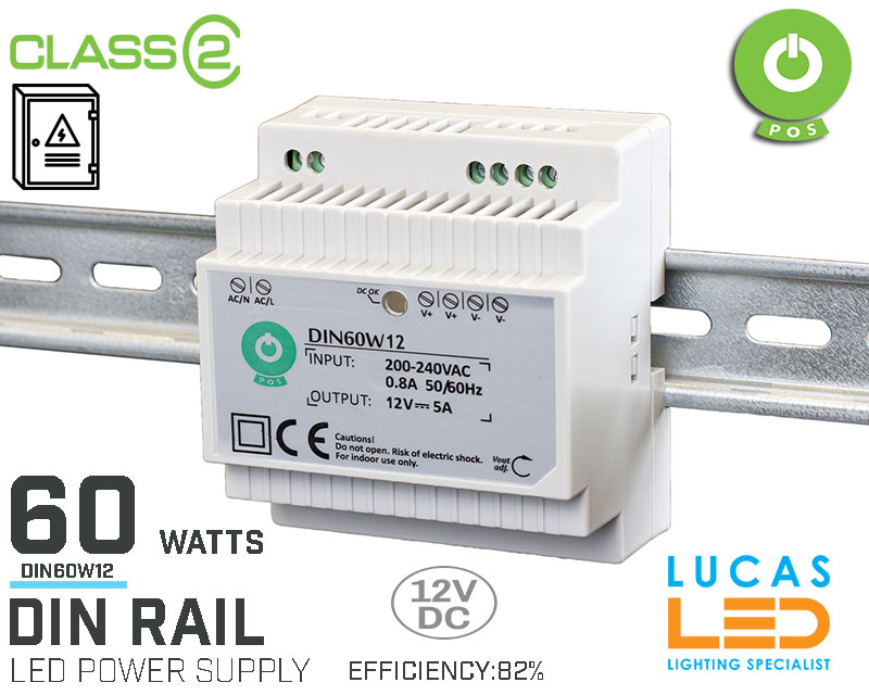 DIN Rail Power Supply • 12V DC • 60 watts • 5A •for Distribution Board • Enclosure Cabinet • LED Driver  • 3Y • POS Power •