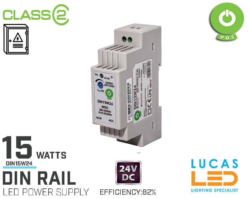 DIN Rail Power Supply • 24V DC • 15 watts • .63A •for Distribution Board • Enclosure Cabinet • LED Driver  • 3Y • POS Power •