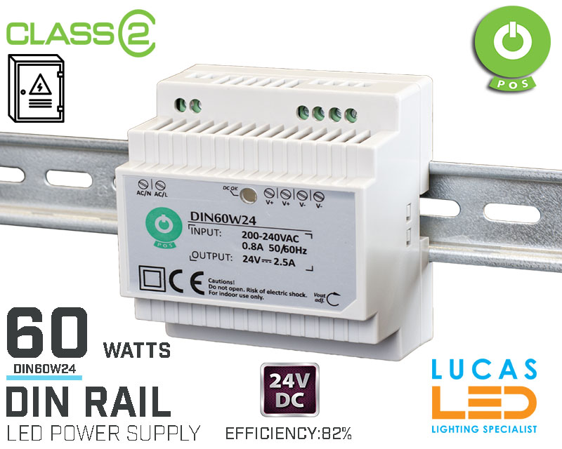 DIN Rail Power Supply • 24V DC • 60 watts • 2.5A • for Distribution Board • Enclosure Cabinet • LED Driver  • 3Y • POS Power •