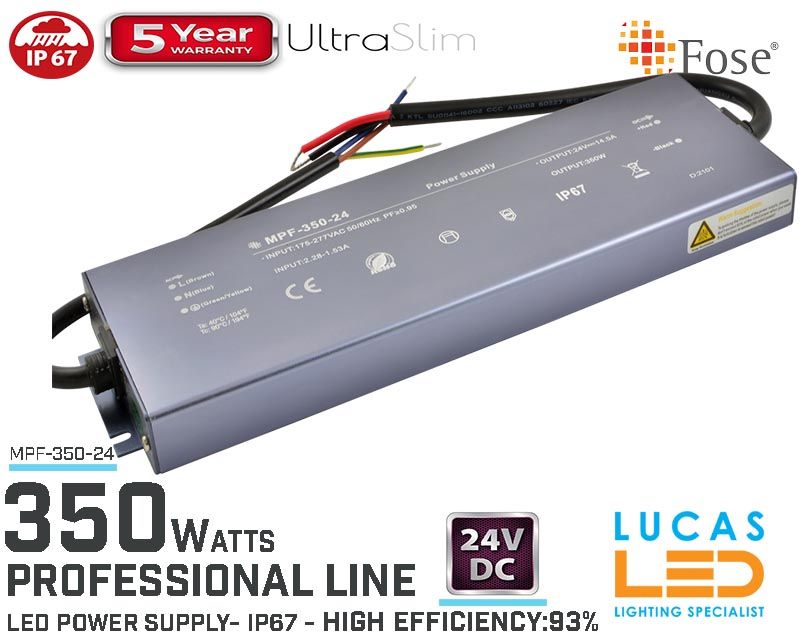 LED Driver Power Supply • 24V • 350 watts • IP67 • Waterproof • Metal case • 5 year • PRO Line • Active Filter •