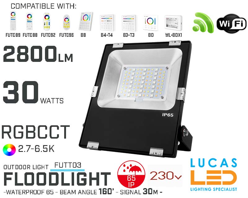 Outdoor LED Flood Lights • RGB + CCT • Premium Bright • Philips LED Chips • 30W • 2800LM • WiFi • Smart Lightening System • Wireless • Mi-Light • MiBoxer • FUTT03 • 230V