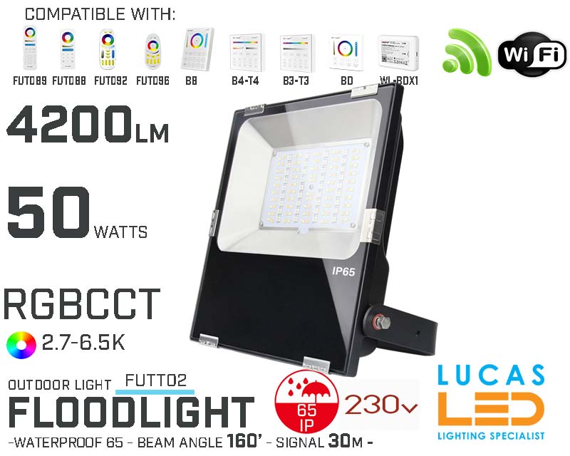 Outdoor LED Flood • Lights RGB + CCT • High Bright • Philips LED Chips • 50W • 4200LM • IP65  • WiFi • 2.4G • Smart Lighting System • Mi-Light • MiBoxer • FUTT02 • 230V