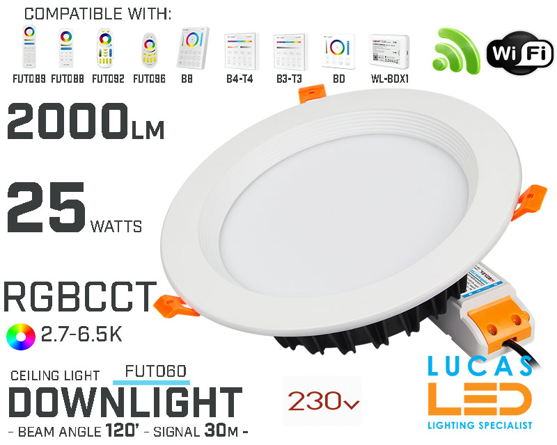 LED Downlight •RGB CCT• 25w • 2000lm • wifi • 2.4G • Compatible • Smart • Lighting • System • MultiZone • Wireless • MiBoxer • FUT060 • 230V•