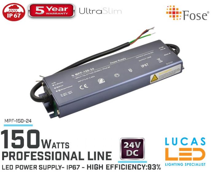 LED Driver Power Supply • 24V • 150 watts • IP67 • Waterproof • Metal case • 5 year • PRO Line • Active Filter •