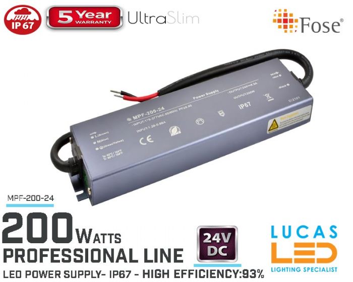 LED Driver Power Supply • 24V • 200 watts • IP67 • Waterproof • Metal case • 5 year • PRO Line • Active Filter •