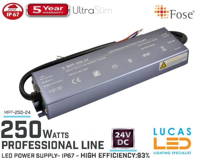 LED Driver Power Supply • 24V • 250 watts • IP67 • Waterproof • Metal case • 5 year • PRO Line • Active Filter •