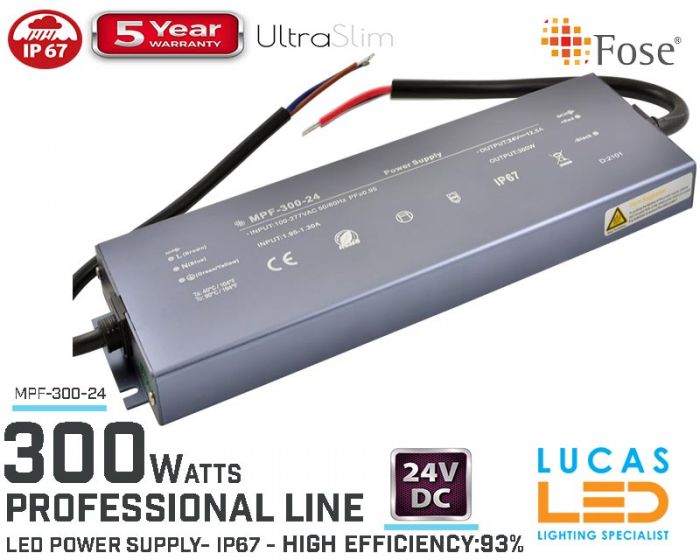 LED Driver Power Supply • 24V • 300 watts • IP67 • Waterproof • Metal case • 5 year • PRO Line • Active Filter •