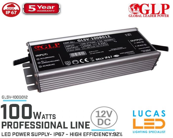 LED Driver Power Supply • 12V • 100 watts • IP67 • Waterproof • Metal case • 5 year • PRO Line • GLP-GLSV •