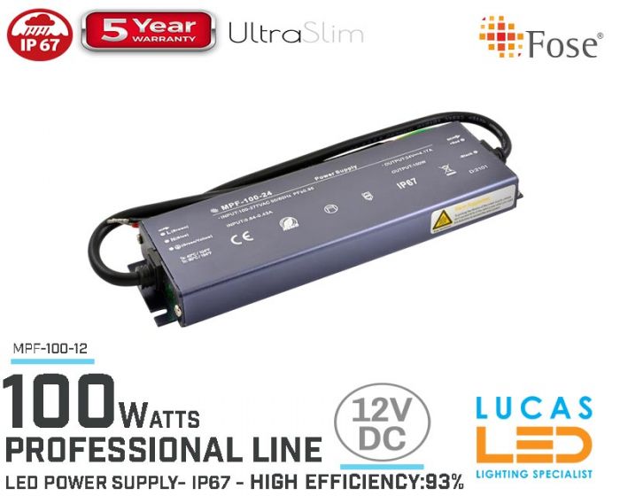 LED Driver Power Supply • 12V • 100 watts • IP67 • Waterproof • Metal case • 5 year • PRO Line • Active Filter •