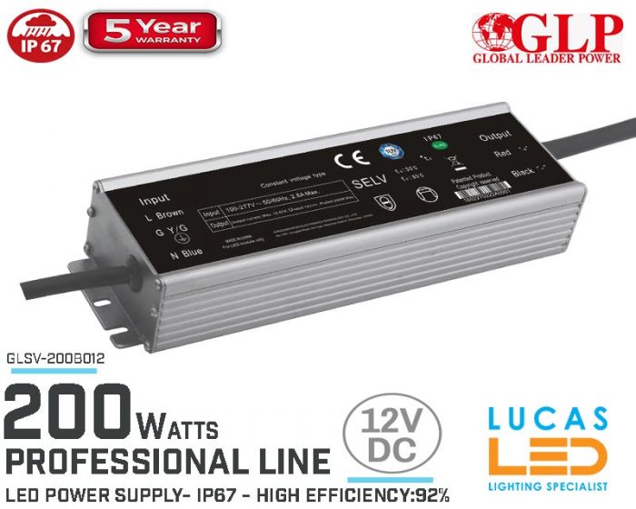 LED Driver Power Supply • 12V • 200 watts • IP67 • Waterproof • Metal case • 5 year • PRO Line • GLP-GLSV •