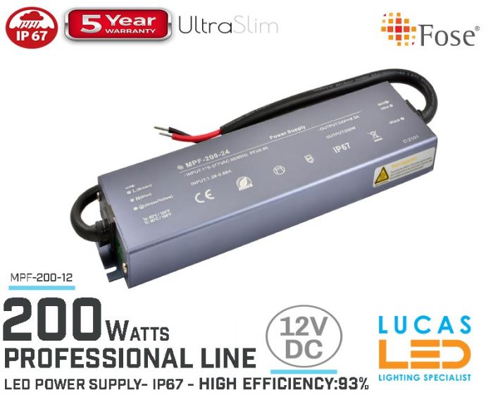 LED Driver Power Supply • 12V • 200 watts • IP67 • Waterproof • Metal case • 5 year • PRO Line • Active Filter •