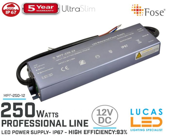 LED Driver Power Supply • 12V • 250 watts • IP67 • Waterproof • Metal case • 5 year • PRO Line • Active Filter •