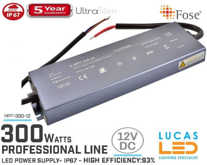 LED Driver Power Supply • 12V • 300 watts • IP67 • Waterproof • Metal case • 5 year • PRO Line • Active Filter •