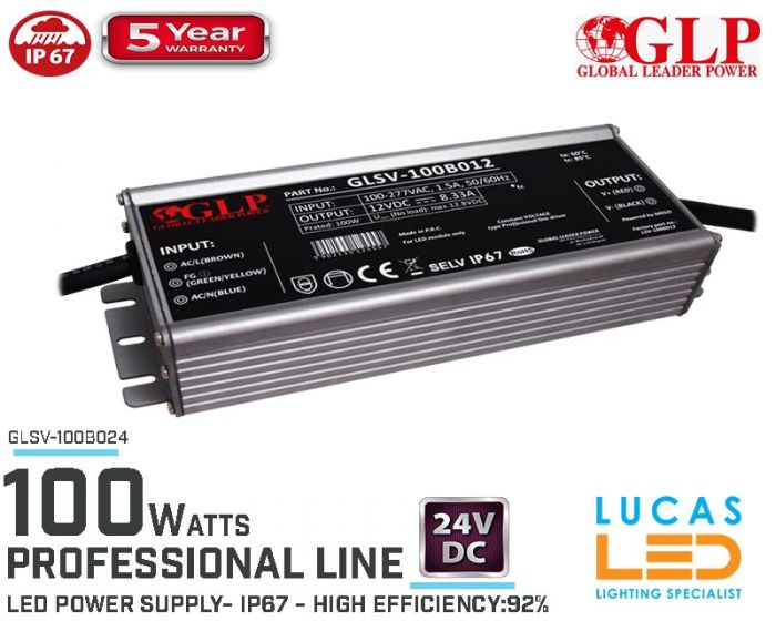 LED Driver Power Supply • 24V • 100 watts • IP67 • Waterproof • Metal case • 5 year • PRO Line • GLP-GLSV •