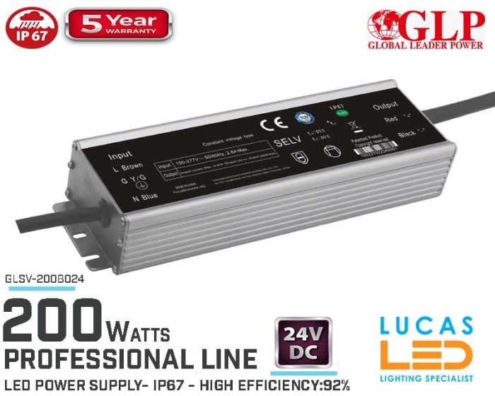 LED Driver Power Supply • 24V • 200 watts • IP67 • Waterproof • Metal case • 5 year • PRO Line • GLP-GLSV •