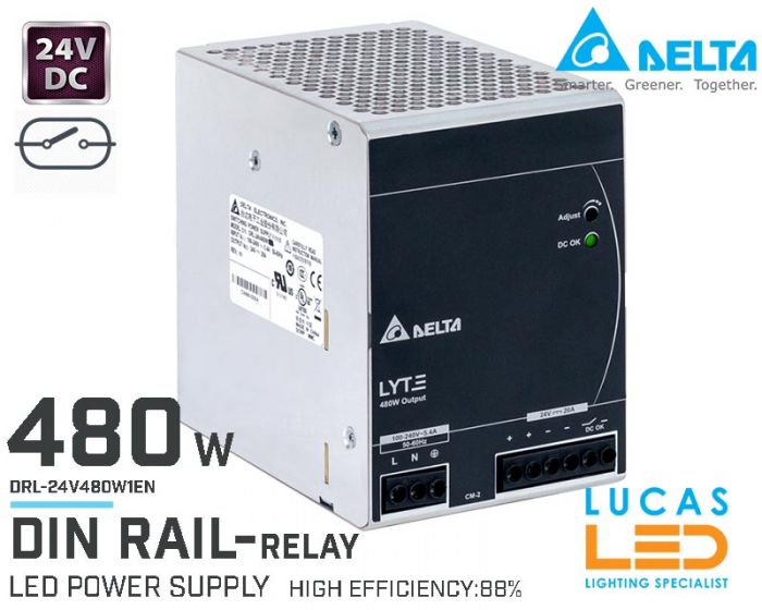 DIN Rail Power Supply • 24V DC • 480 watts • 20A • LED Driver • Pro Line • DELTA LYTE II • High Power Density • with Relay •