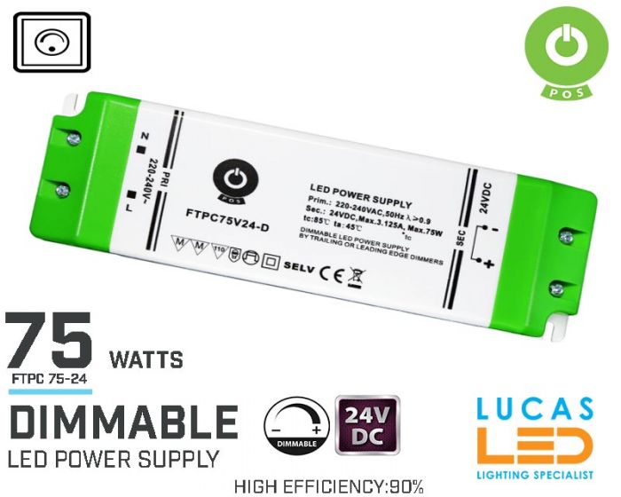 Dimmable LED Driver •  Power Supply • 75 watts • 24V DC • for LED Strips Light • Dimmer Switch • FTPC75V24-D •