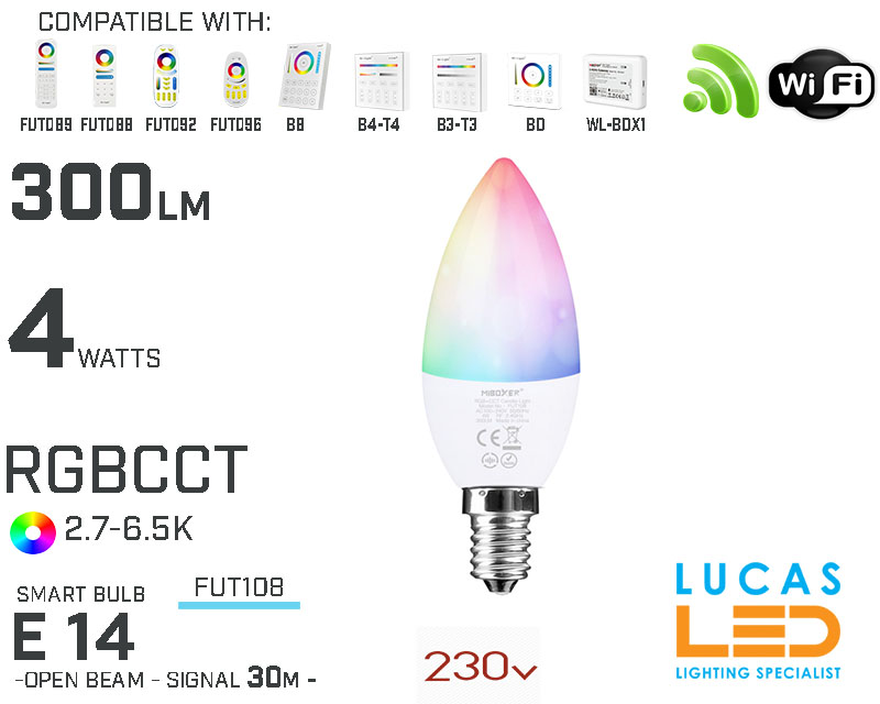 E14 LED Bulb Light • RGB+CCT • 4W • 300LM • WiFi • Smart Lighting System • Wireless • MiBoxer • FUT108 • 230V