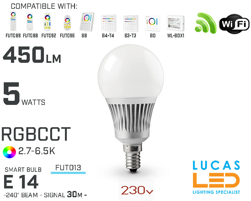 E14 Bulb • RGB + CCT  • 5W • 450LM • WiFi • Smart Lighting System • Wireless • MiBoxer • Mi-Light • FUT013 • 230V 