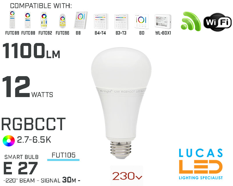 E27 Bulb • RGB + CCT • 12W • 1100LM • WiFi • Smart Lighting System • Wireless • MiBoxer • MiLight • FUT105 • 230V