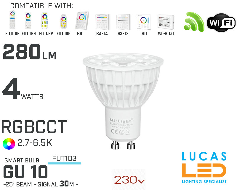 GU10 Bulb • RGB + CCT • 4W • 280LM • WiFi • Smart Lighting System • Wireless • MiBoxer • MiLight • FUT103 • 230V
