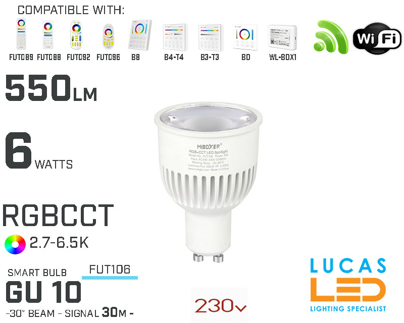 GU10 Bulb • RGB + CCT • 6W • 550LM • WiFi •  Smart Lighting System • Wireless • MiBoxer • MiLight • FUT106 • 230V 