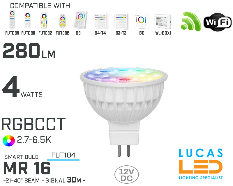 MR16 LED Bulb Spotlight • RGB+CCT • 4W • 280LM • WiFi • Smart Lighting System • FUT104 • Wireless • MiBoxer • 12V 