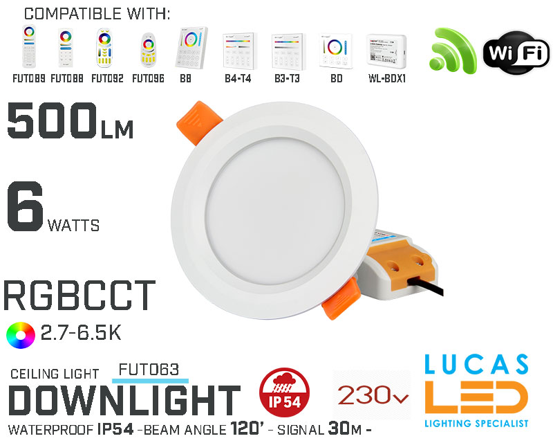 LED Downlight Waterproof IP54 •RGB CCT• 6w • 500lm • wifi • 2.4G • Compatible • Smart • Lighting • System • MultiZone • Wireless • MiBoxer • FUT063 • 230V•