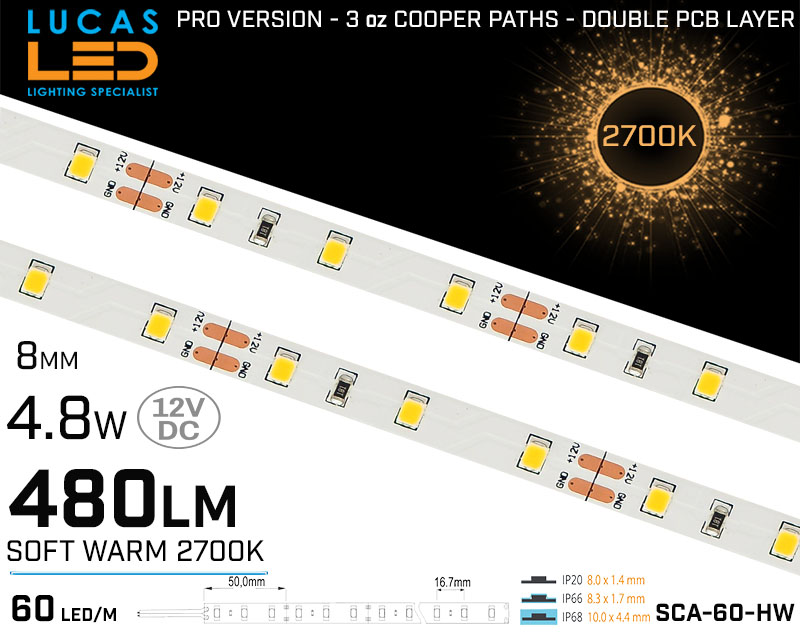 LED Strip Soft Warm White • 60 LED/m • 12V • 4.8W • 2700K • IP20 • 480lm • 8mm • 3oz Cooper paths PRO Version