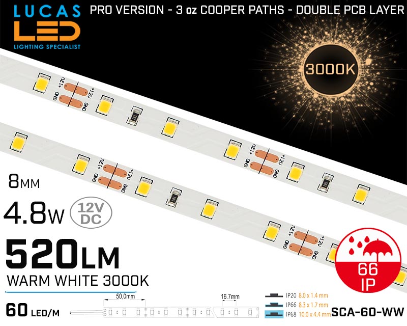 LED Strip Warm White • 60 LED/m • 12V • 4.8W • 3000K • IP66 • 520lm • 8mm • 3oz Cooper paths PRO Version • Waterproof