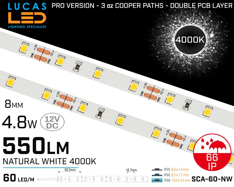 LED Strip Natural White • 60 LED/m • 12V • 4.8W • 4000K • IP66 • 550lm • 8mm • 3oz Cooper paths PRO Version • Waterproof