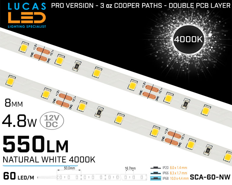 LED Strip Natural White • 60 LED/m • 12V • 4.8W • 4000K • IP20 • 550lm • 8mm • 3oz Cooper paths PRO Version