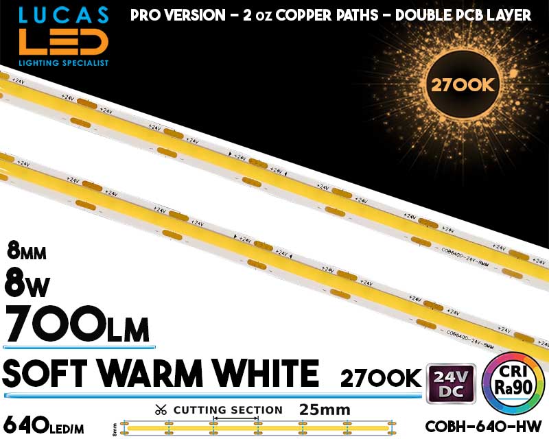 COB LED Strip Soft Warm White 2700K &bull; COBH-640 &bull; Spotless &bull; 640 LEDs/m &bull; 24V &bull; 8W/m &bull; CRI 90 &bull; IP20 &bull; 800lm/m &bull; 8mm &bull; PRO Version