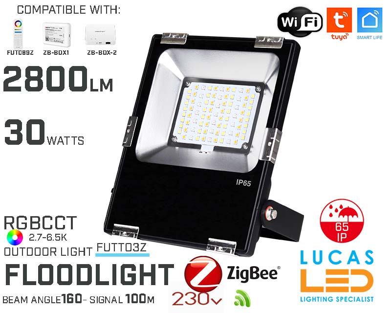 Zigbee 3.0 Outdoor LED Flood Lights • Philips LED Chips • RGB+CCT• 30W • 2800lm • IP65 • WiFi • 2.4G • Wireless • Compatible • Smart • Lighting • System • MultiZone • MiBoxer • FUT03Z • 230V